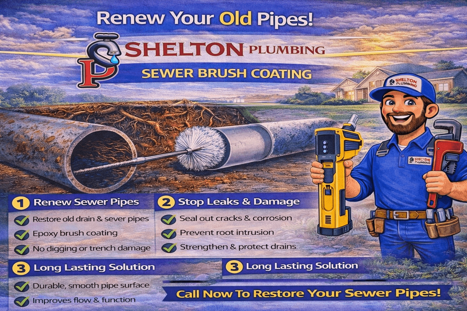 Brush coating sewer pipe repair to seal the inside of a drain line and restore flow without full replacement