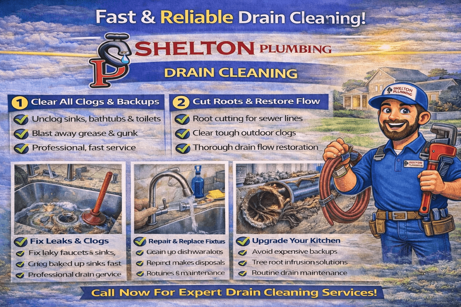 Drain cleaning service graphic showing before-and-after clog removal and improved drain flow
