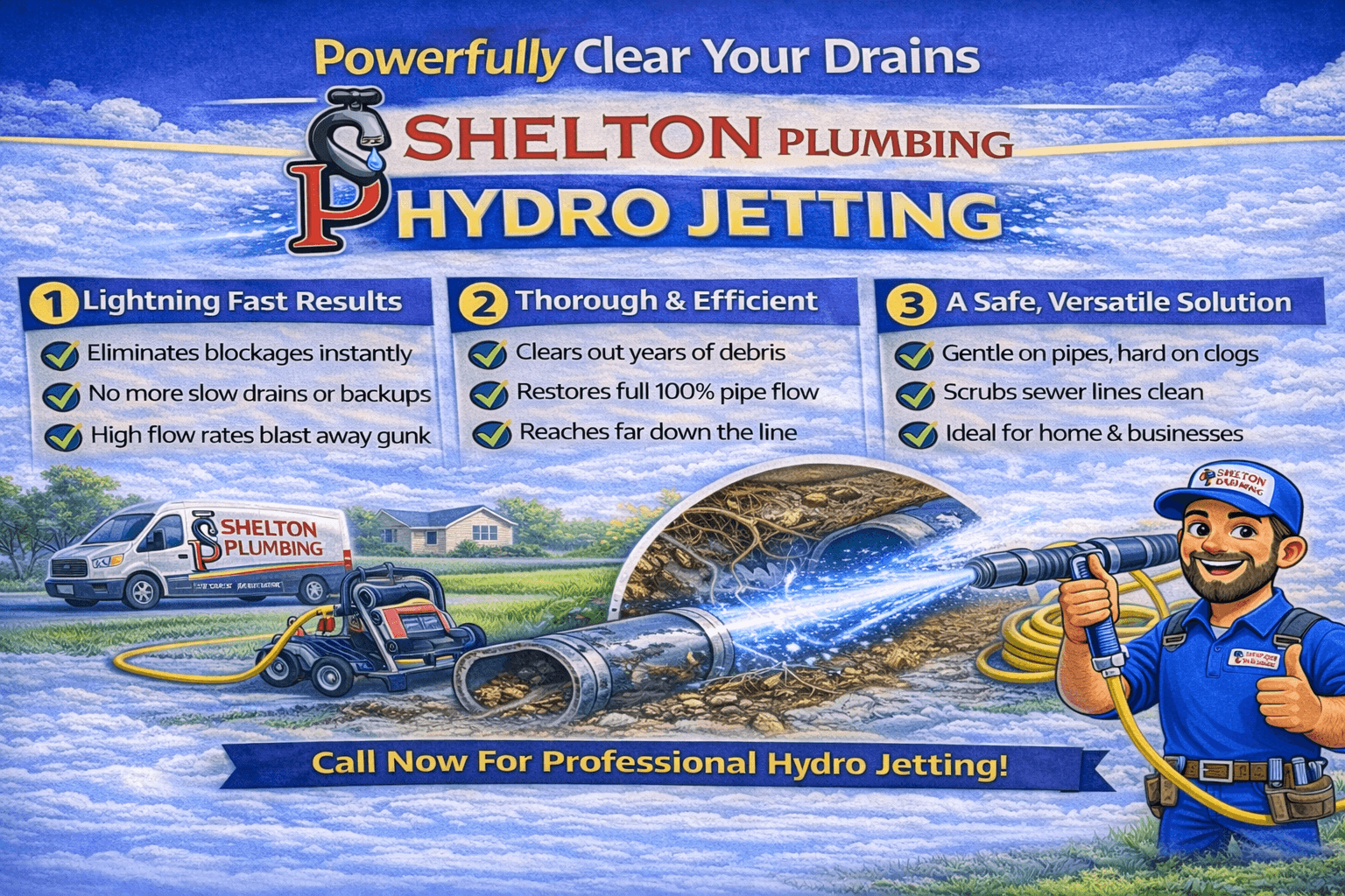 Hydro jetting service graphic showing powerful water cleaning inside drain and sewer lines
