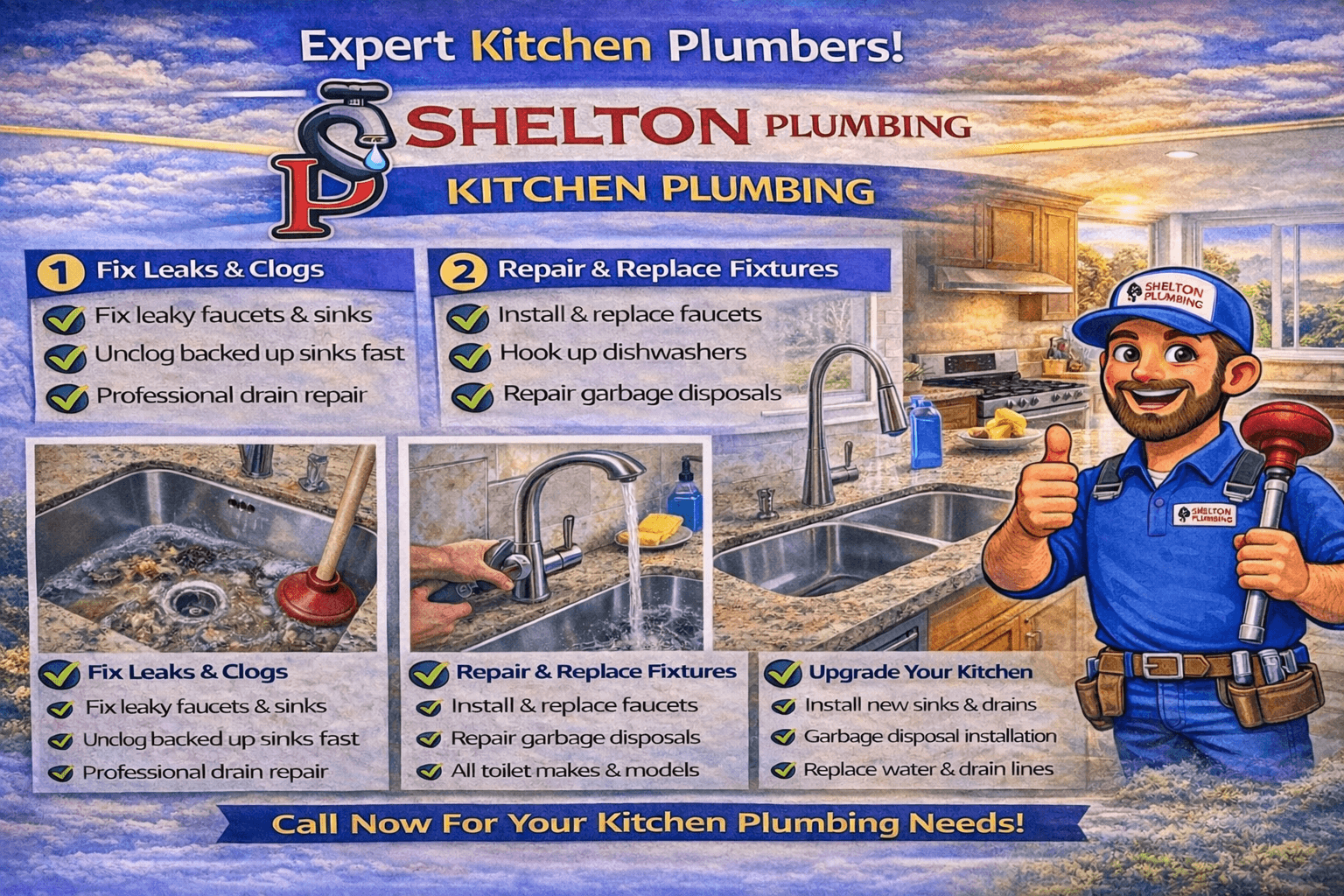 Kitchen plumbing repair graphic showing common sink, faucet, drain, and disposal issues