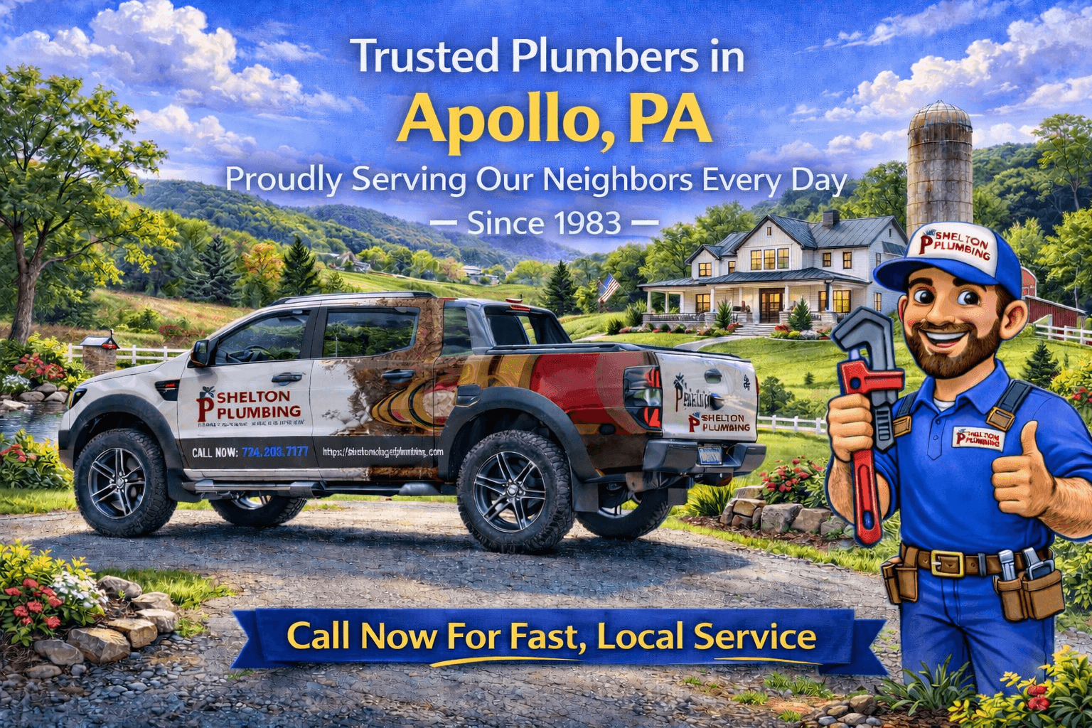 John Shelton Plumbing service area graphic for Apollo, PA plumbing, drain, sewer, and water heater services