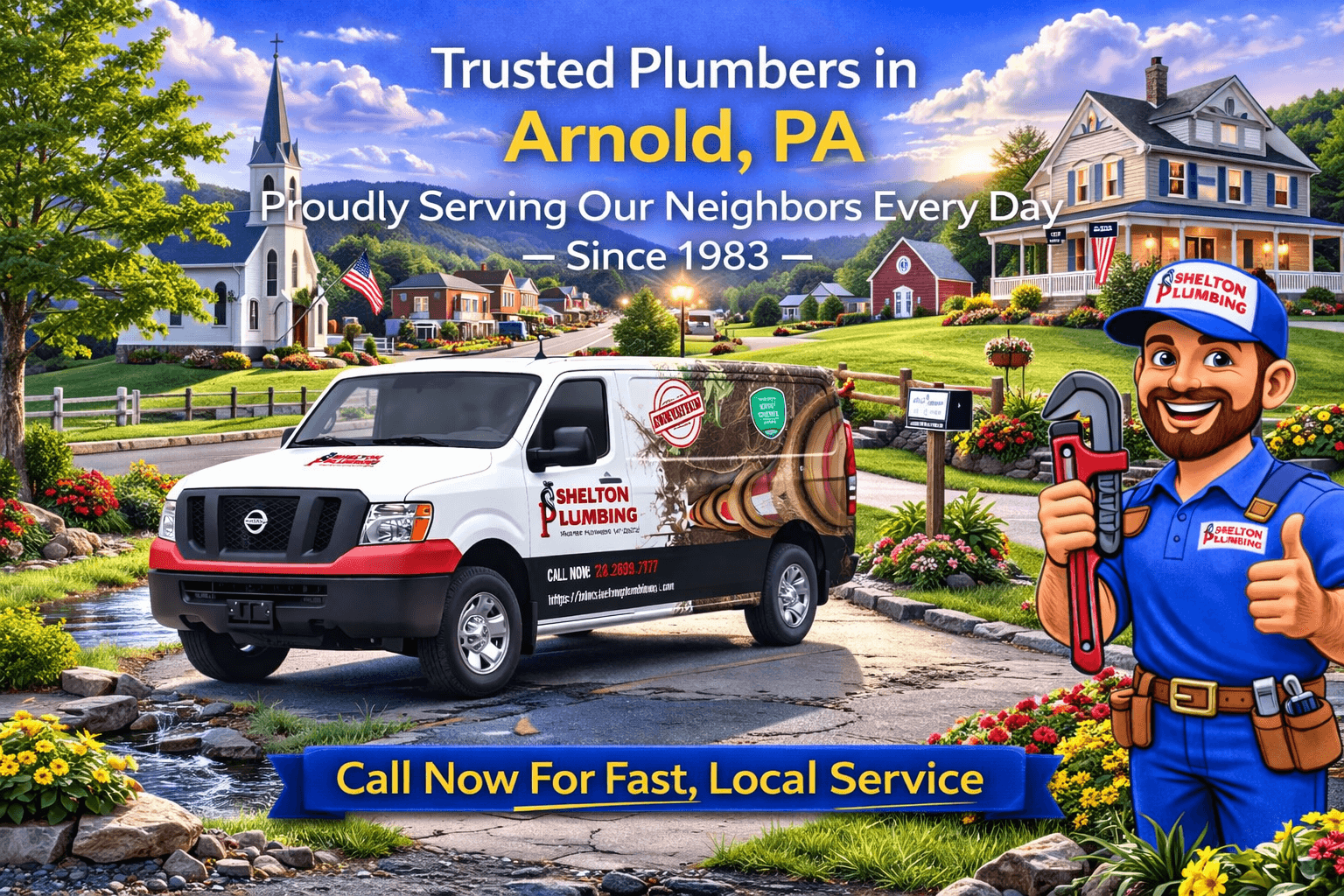 John Shelton Plumbing service area graphic for Arnold, PA plumbing, drain, sewer, and water heater services