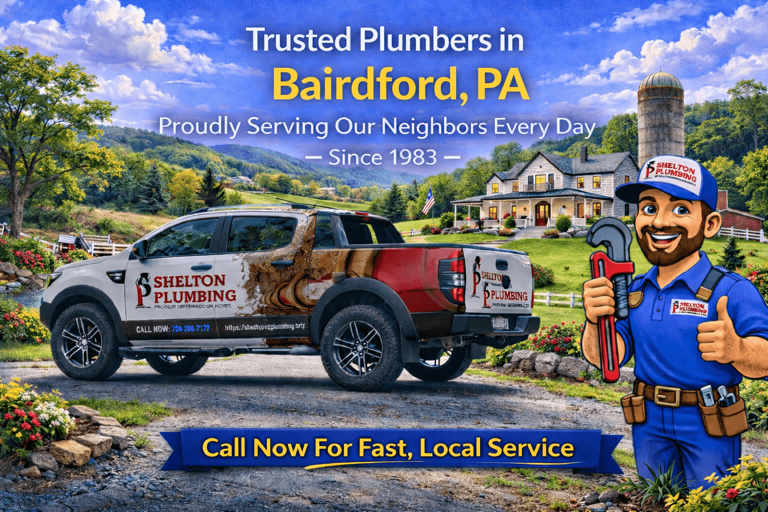John Shelton Plumbing service area graphic for Bairdford, PA plumbing, drain, sewer, and water heater services