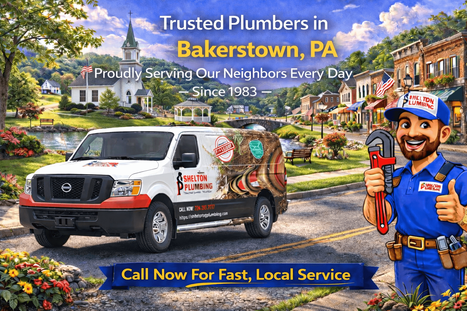 John Shelton Plumbing service area graphic for Bakerstown, PA plumbing, drain, sewer, and water heater services