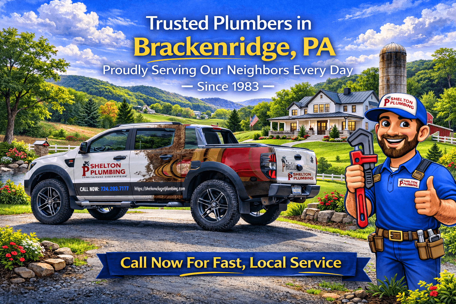 John Shelton Plumbing service area graphic for Brackenridge, PA plumbing, drain, sewer, and water heater services