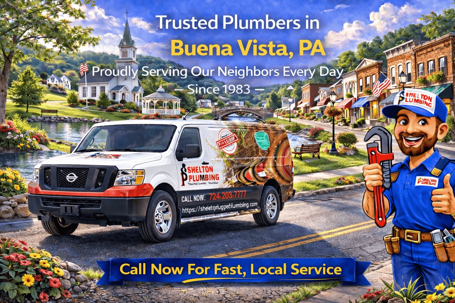 John Shelton Plumbing service area graphic for Buena Vista, PA plumbing, drain, sewer, and water heater services