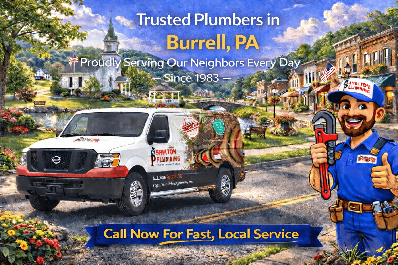 John Shelton Plumbing service area graphic for Burrell, PA plumbing, drain, sewer, and water heater services