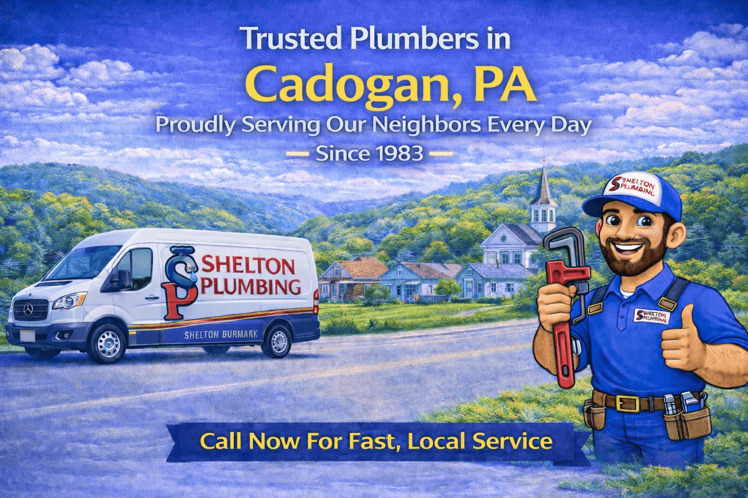 John Shelton Plumbing service area graphic for Cadogan, PA plumbing, drain, sewer, and water heater services