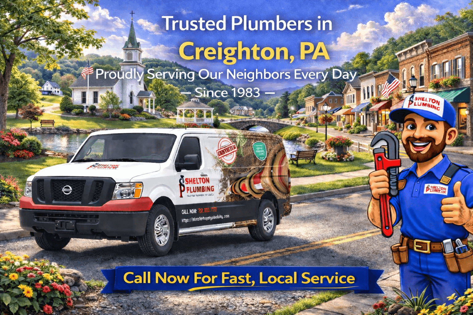 John Shelton Plumbing service area graphic for Creighton, PA plumbing, drain, sewer, and water heater services