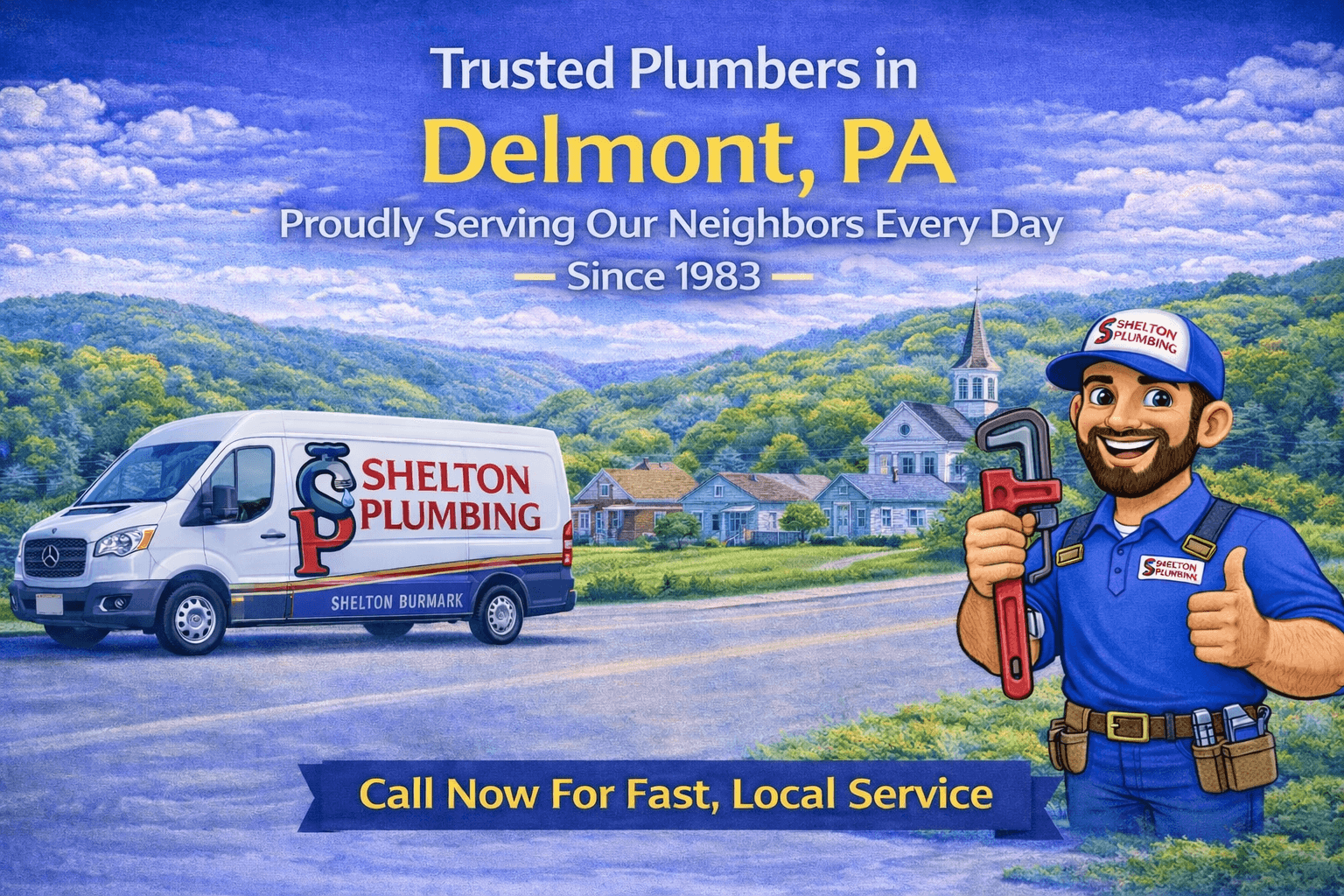 John Shelton Plumbing service area graphic for Delmont, PA plumbing, drain, sewer, and water heater services