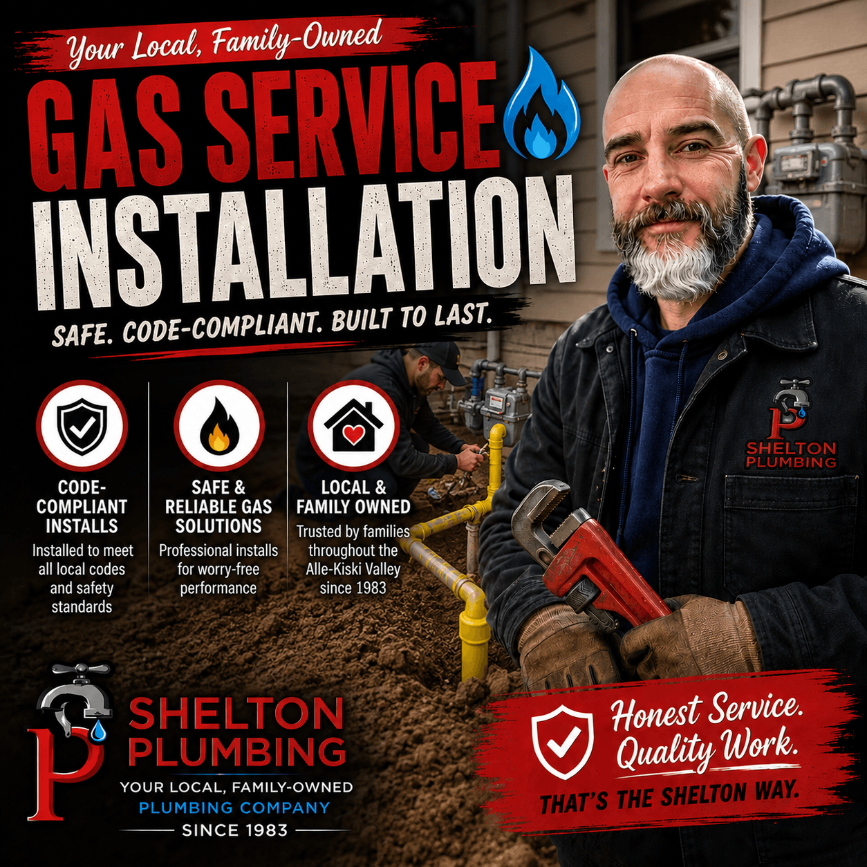 John Shelton Plumbing technician performing residential gas line installation and connection services in the Alle-Kiski Valley