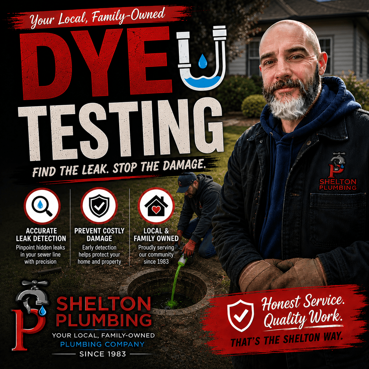 John Shelton Plumbing dye testing service locating leaks and sewer connection issues in the Alle-Kiski Valley